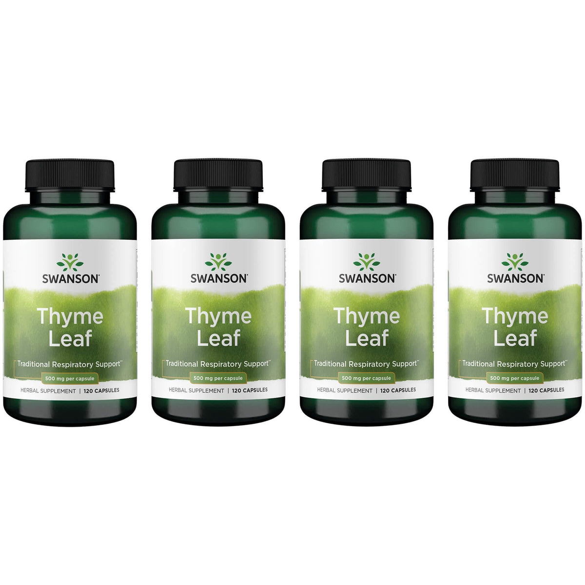 Swanson Thyme Leaf 500mg capsules in four-pack bottle – product hero