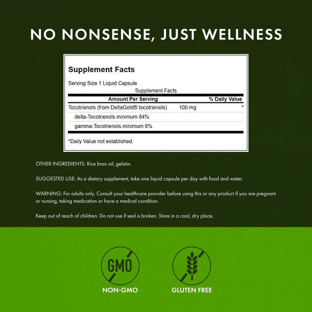 Close-up of Tocotrienols capsules with 100 mg label