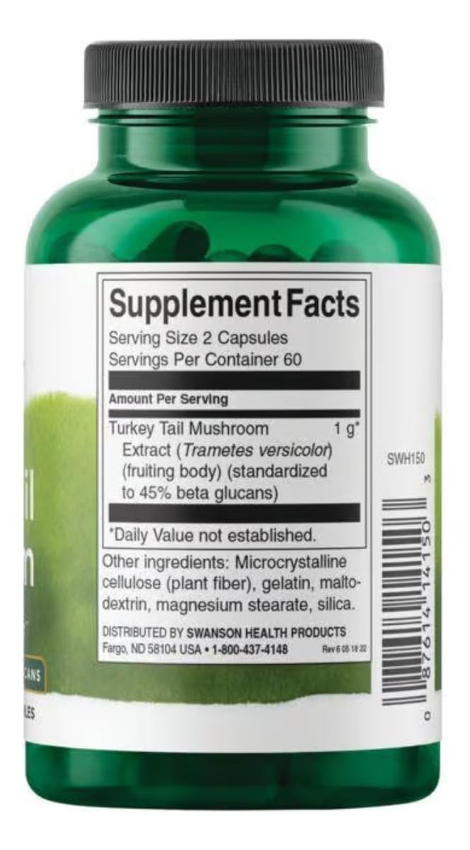 Swanson Turkey Tail Mushroom bottle showcases easy-to-take daily capsules.