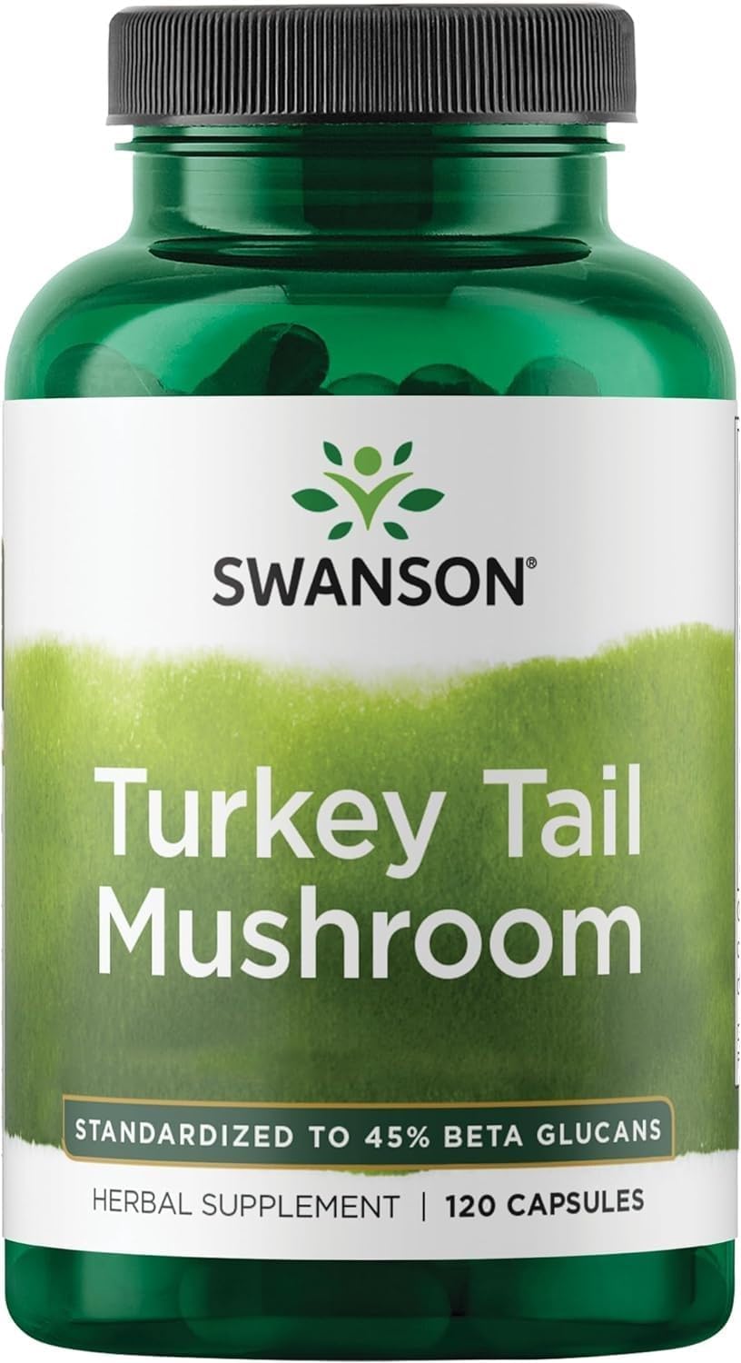 Swanson Turkey Tail Mushroom capsules close-up for daily immune support.
