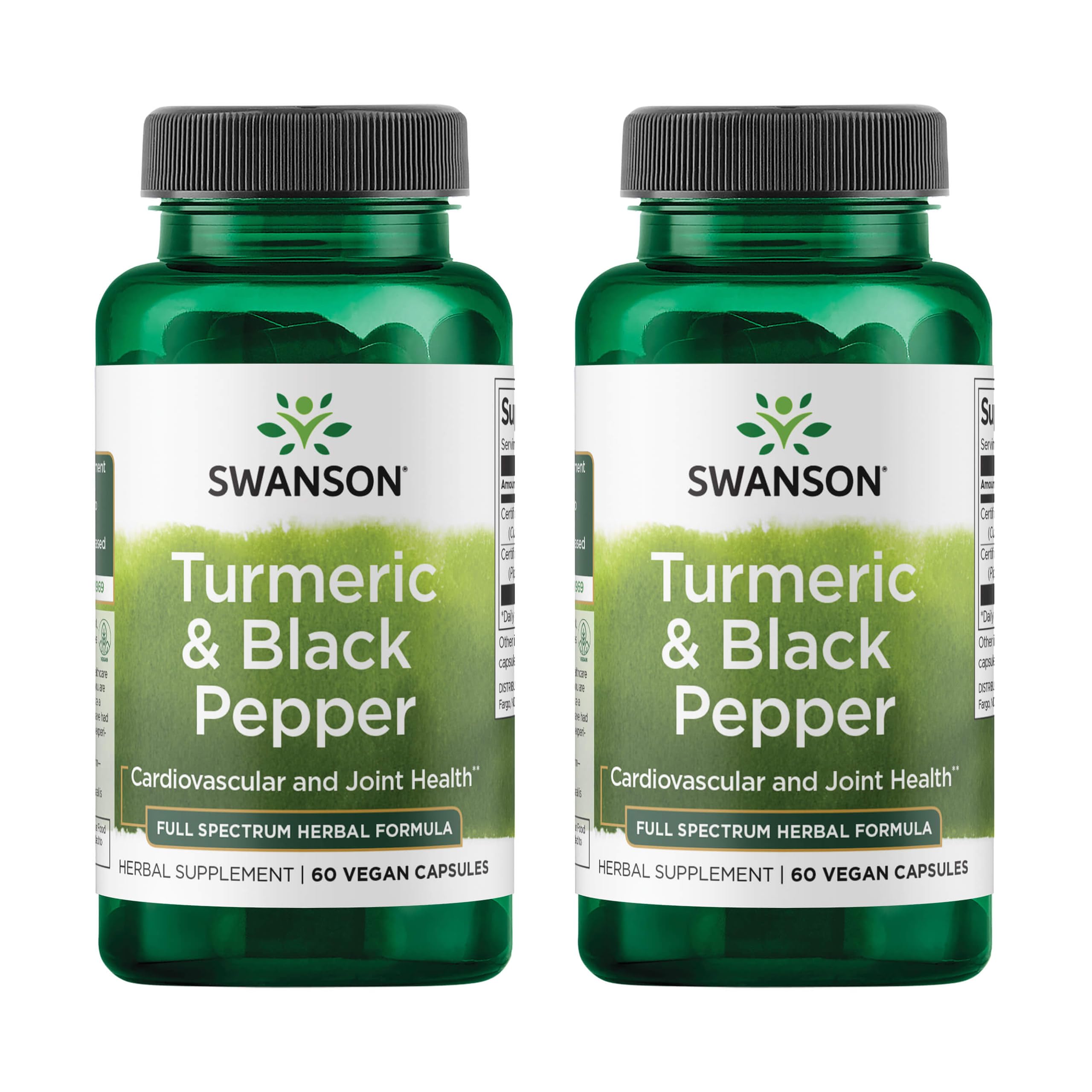 Bottle of Swanson Turmeric & Black Pepper with 60 veggie capsules, 2-pack