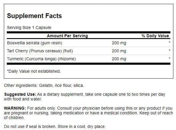 Ingredient panel for Swanson Turmeric Boswellia Tart Cherry joint support formula