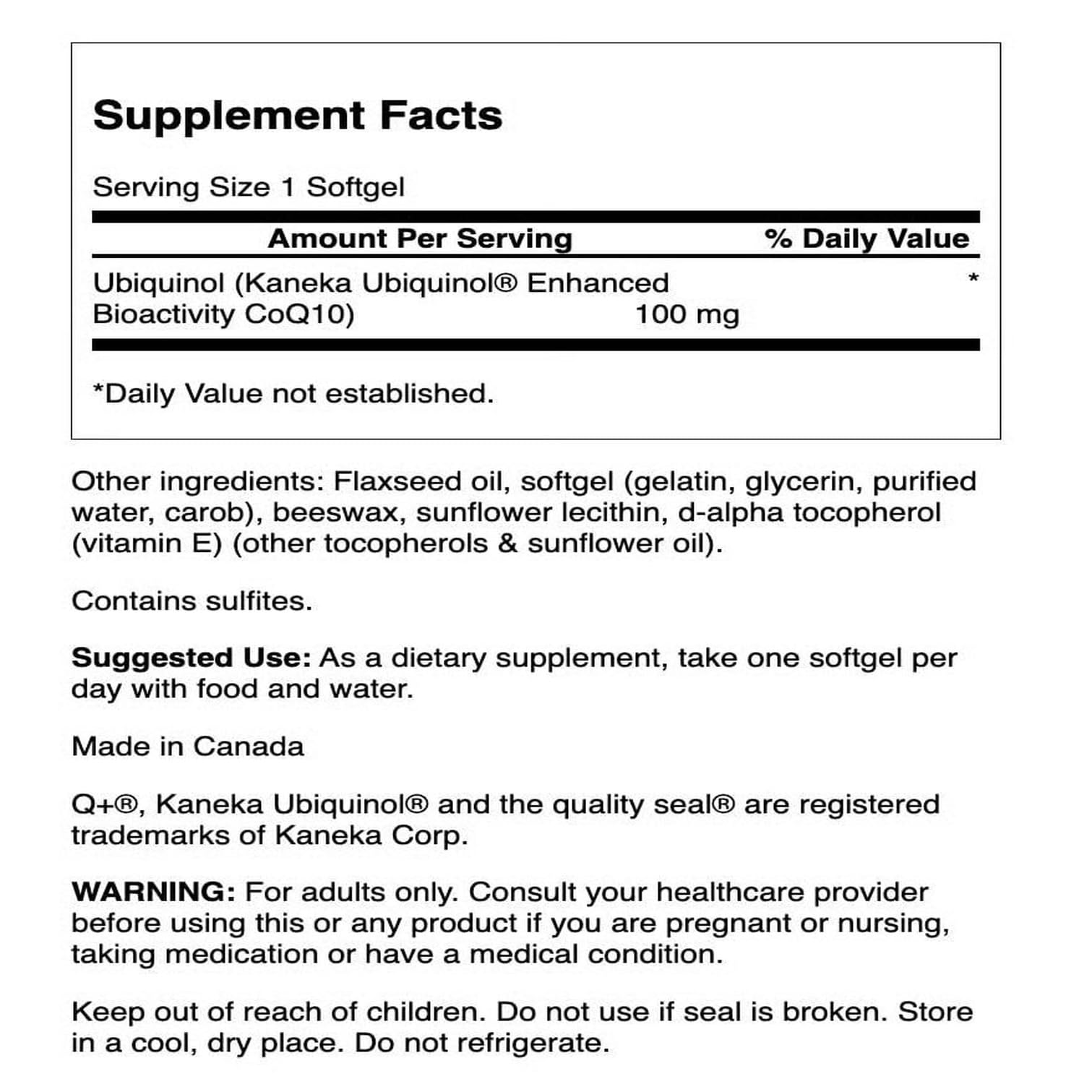 Close-up of Swanson Ubiquinol 100 mg 60 Sgels bottle label