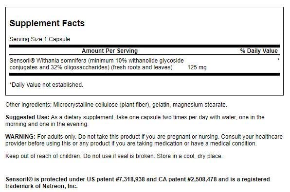 Close-up of Swanson UL Sensoril Ashwagandha 125mg capsules