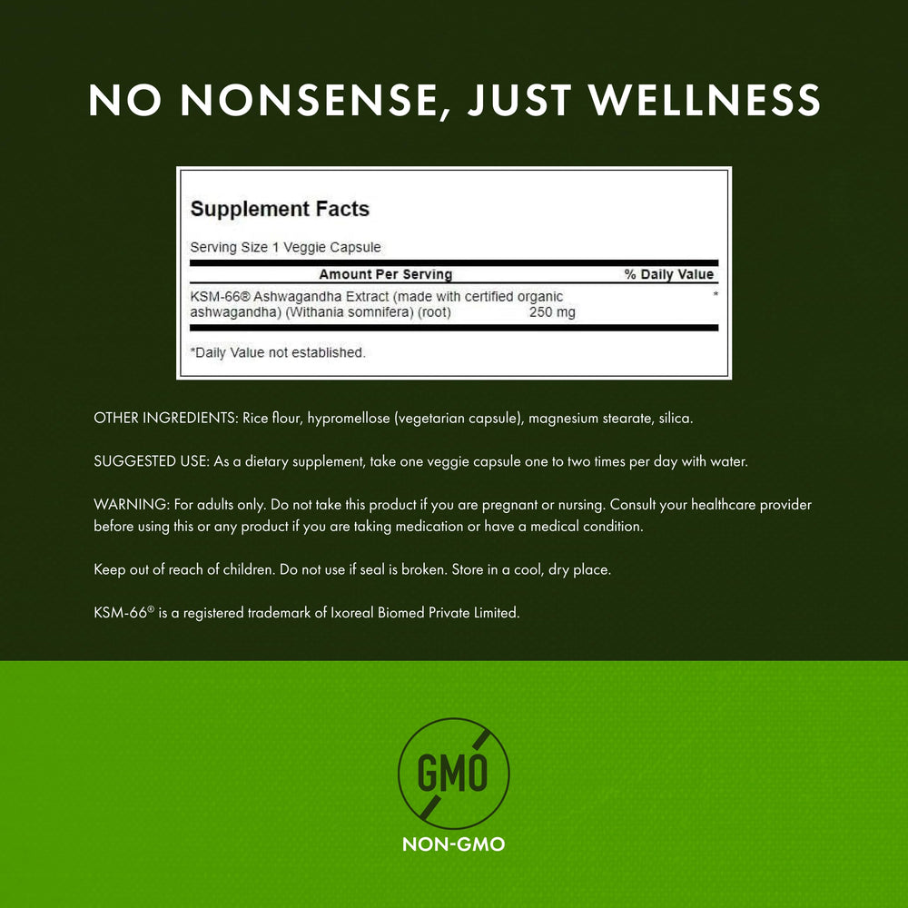 Back of Swanson Ultimate Ashwagandha KSM-66 bottle with supplement facts