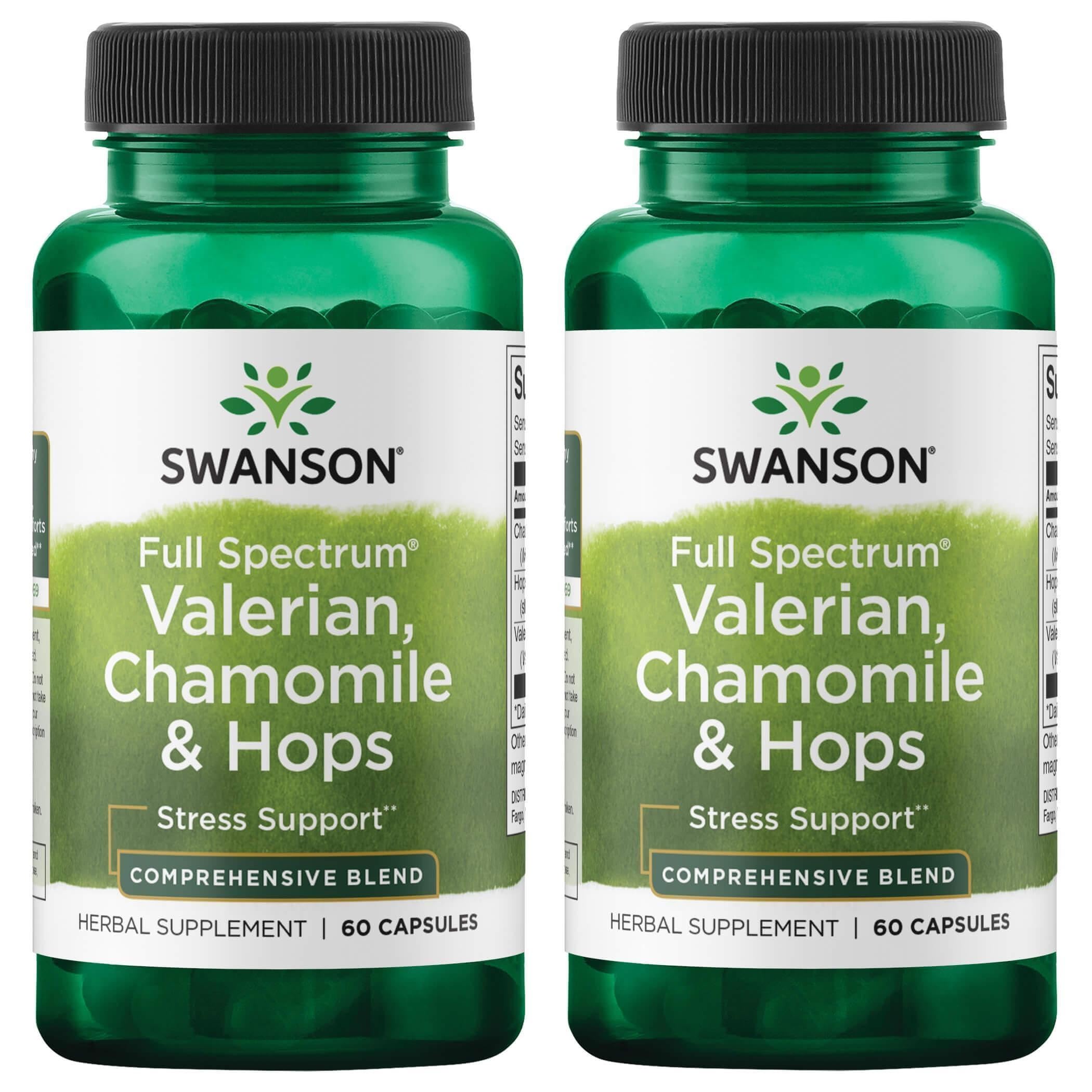 Bottle of Swanson Valerian Chamomile Hops full spectrum herbal supplement, 60 capsules