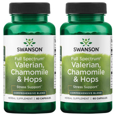 Bottle of Swanson Valerian Chamomile Hops full spectrum herbal supplement, 60 capsules