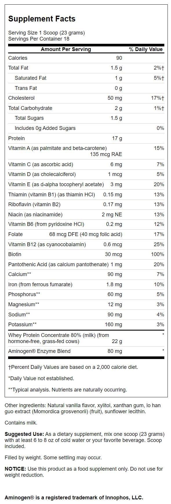 Packaging of Swanson Vanilla Whey Protein Powder with Aminogen enzyme