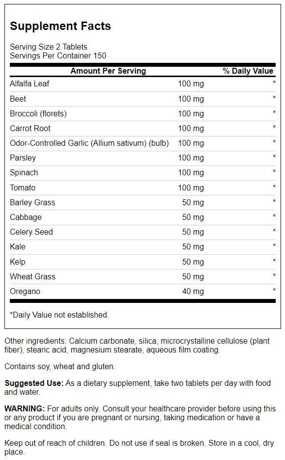 Swanson Veggies4Life 300 Tabs bottle – nutrition label close-up