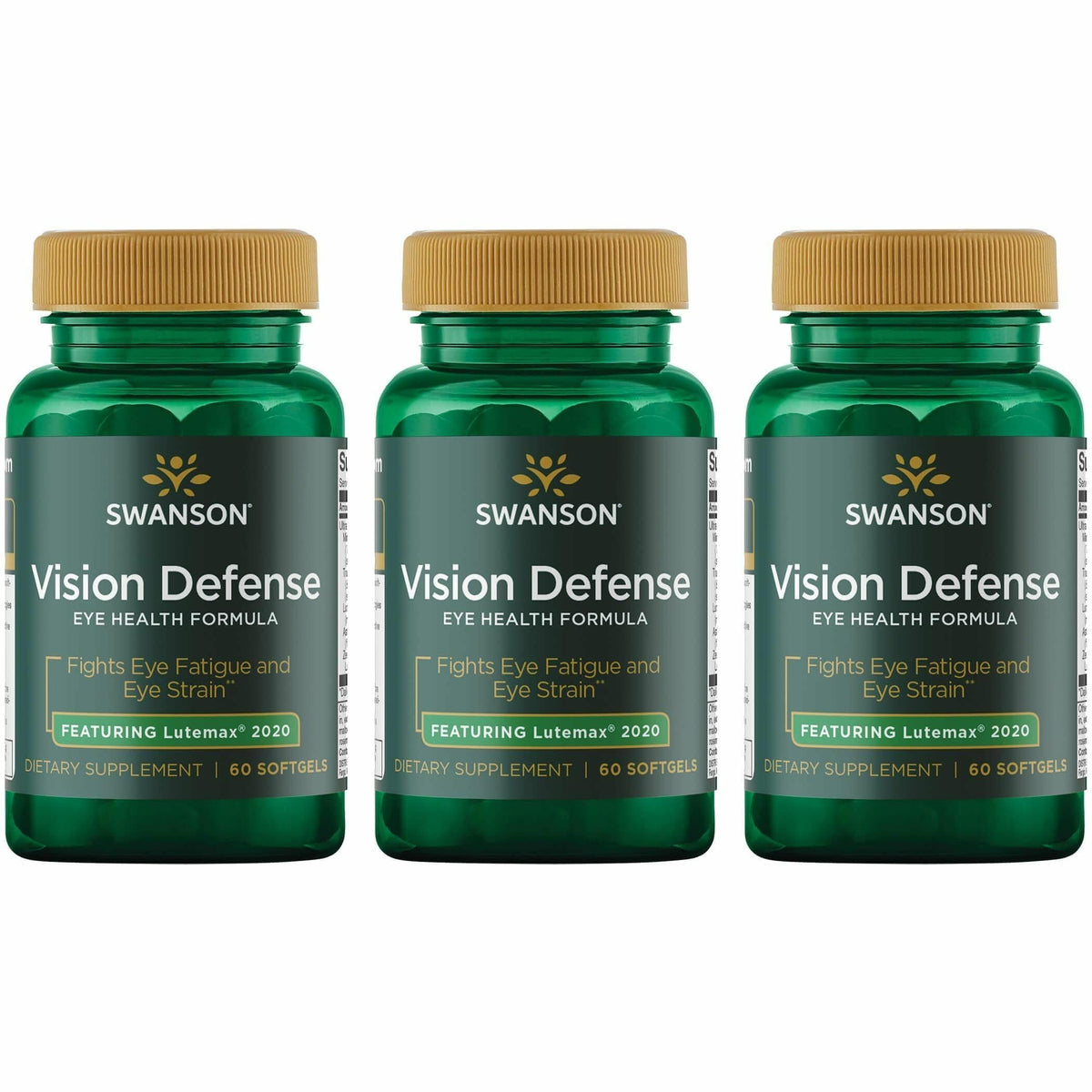 Front view of Swanson Vision Defense bottle showing 60 softgels in a 3-pack