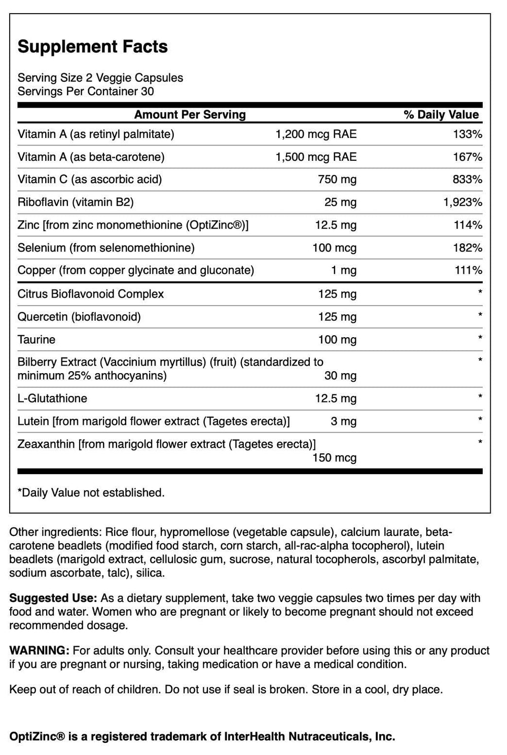 Swanson Vision Essentials 60 Veg Capsules bottle – nutrition facts panel