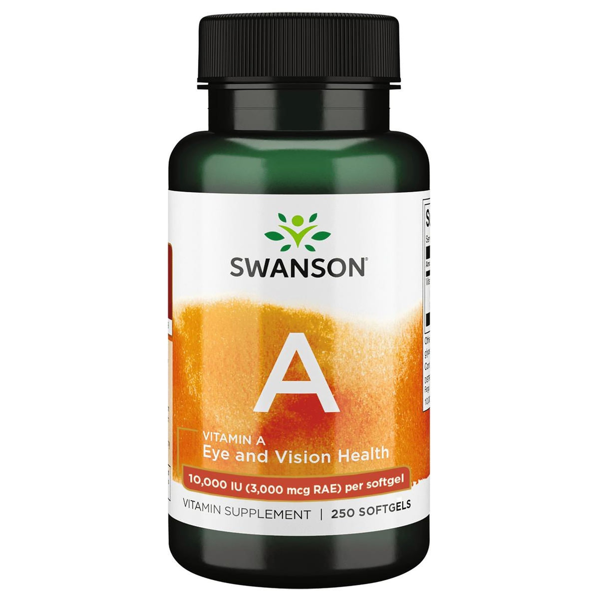 Swanson Vitamin A softgels bottle closeup for bone, eye, and immune support.