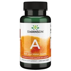 Swanson Vitamin A softgels bottle closeup for bone, eye, and immune support.