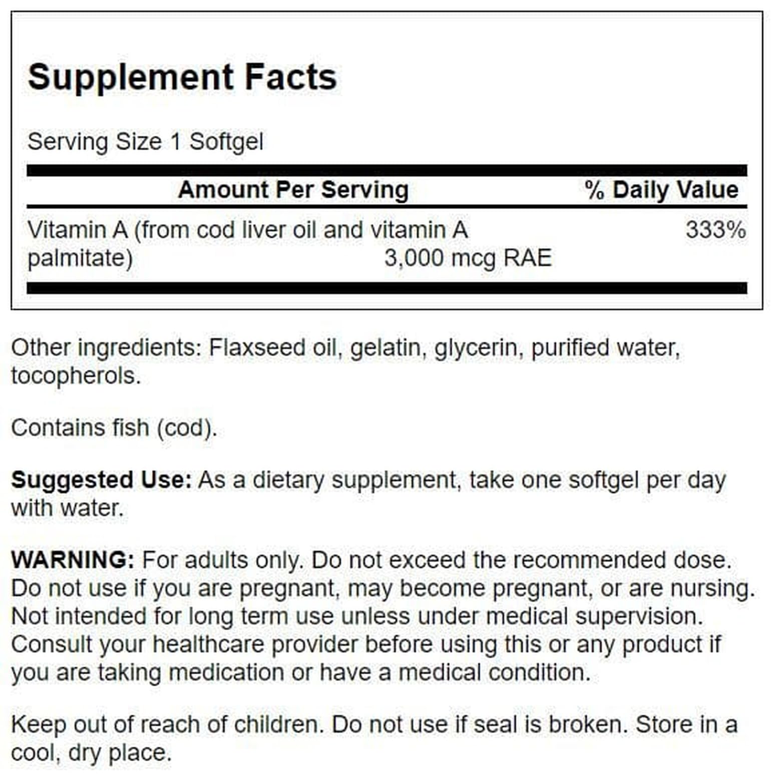 Swanson Vitamin A softgels packaging label demonstrates dosage and daily use guidance.