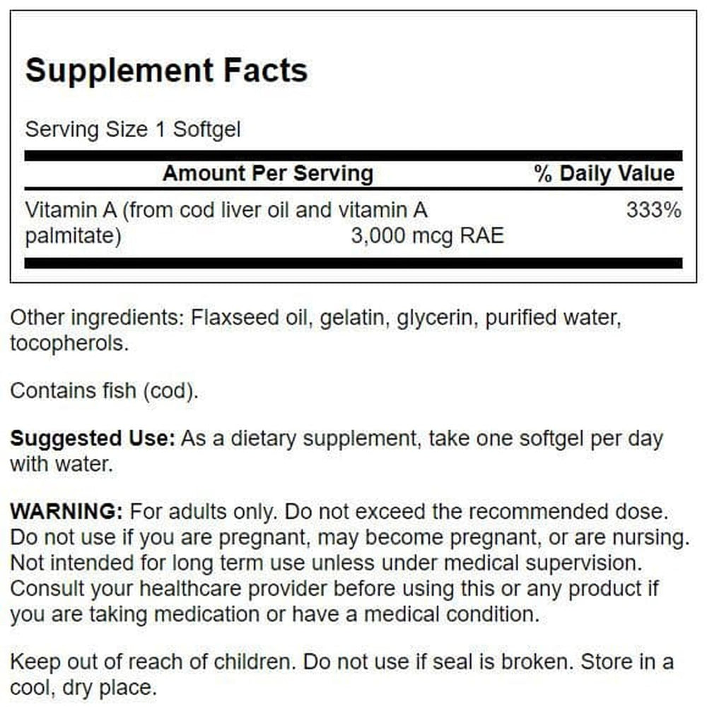 Swanson Vitamin A softgels packaging label demonstrates dosage and daily use guidance.