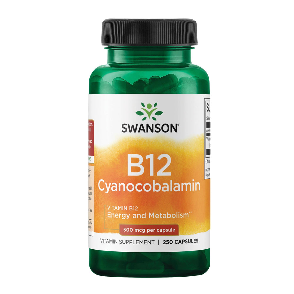 Front view of Swanson Vitamin B12 (Cyanocobalamin) 500 mcg bottle
