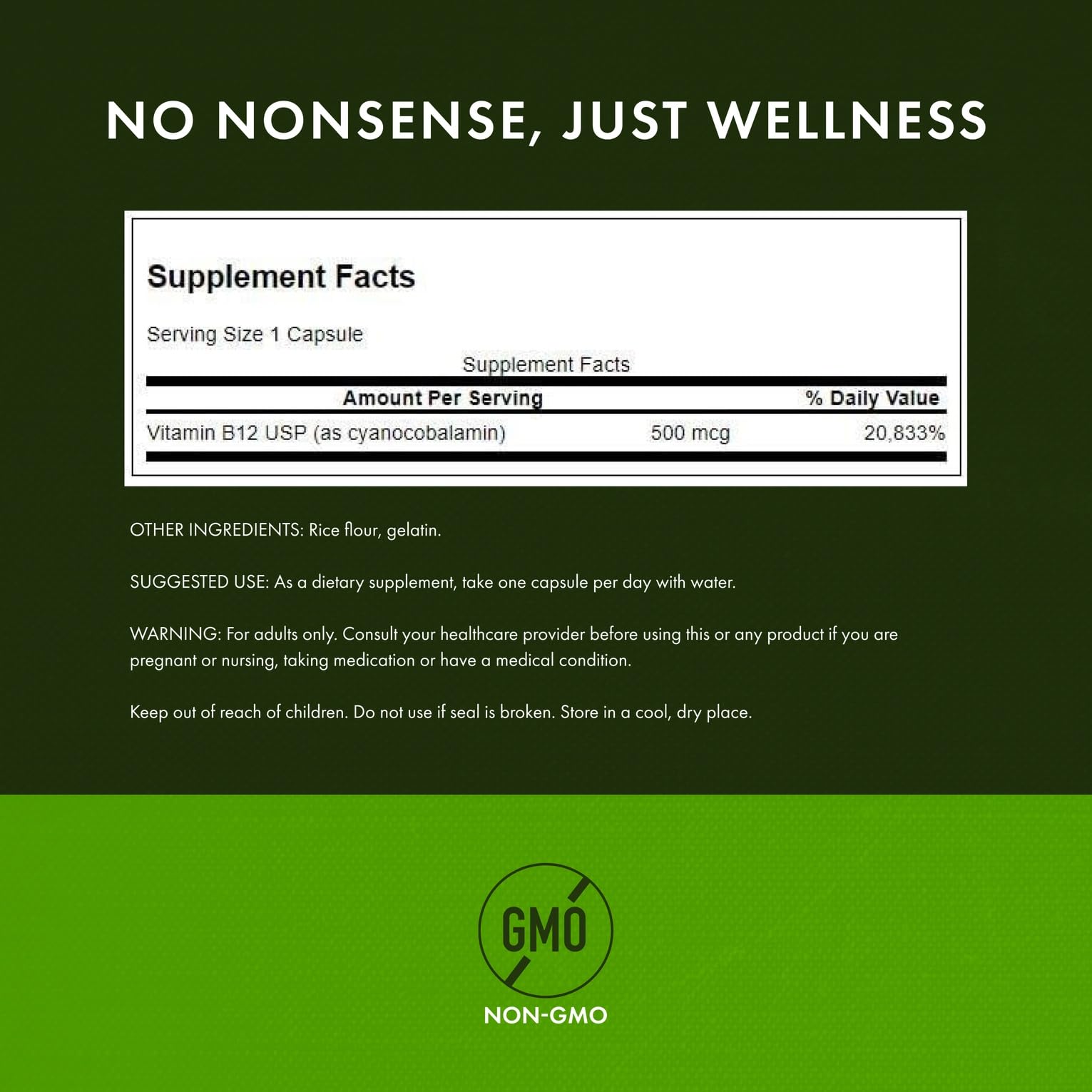 Vitamin B12 500 mcg capsules displayed with bottle