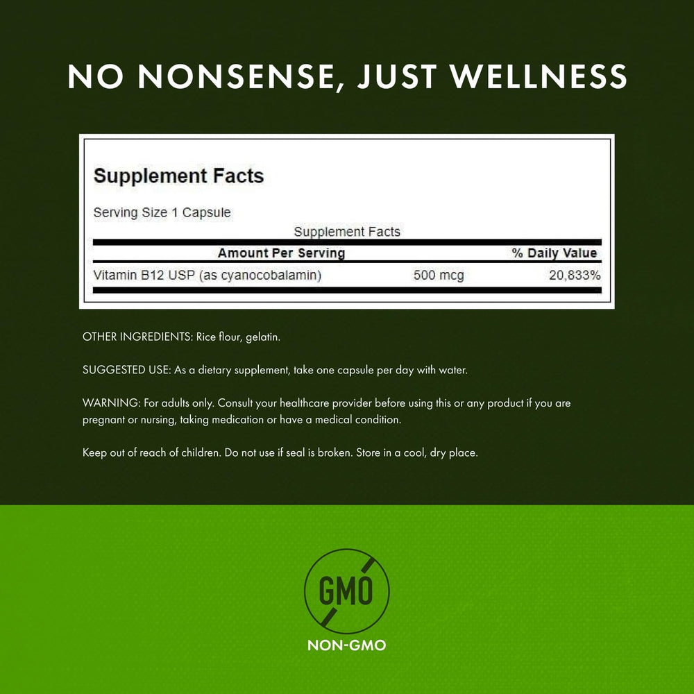 Vitamin B12 500 mcg capsules displayed with bottle