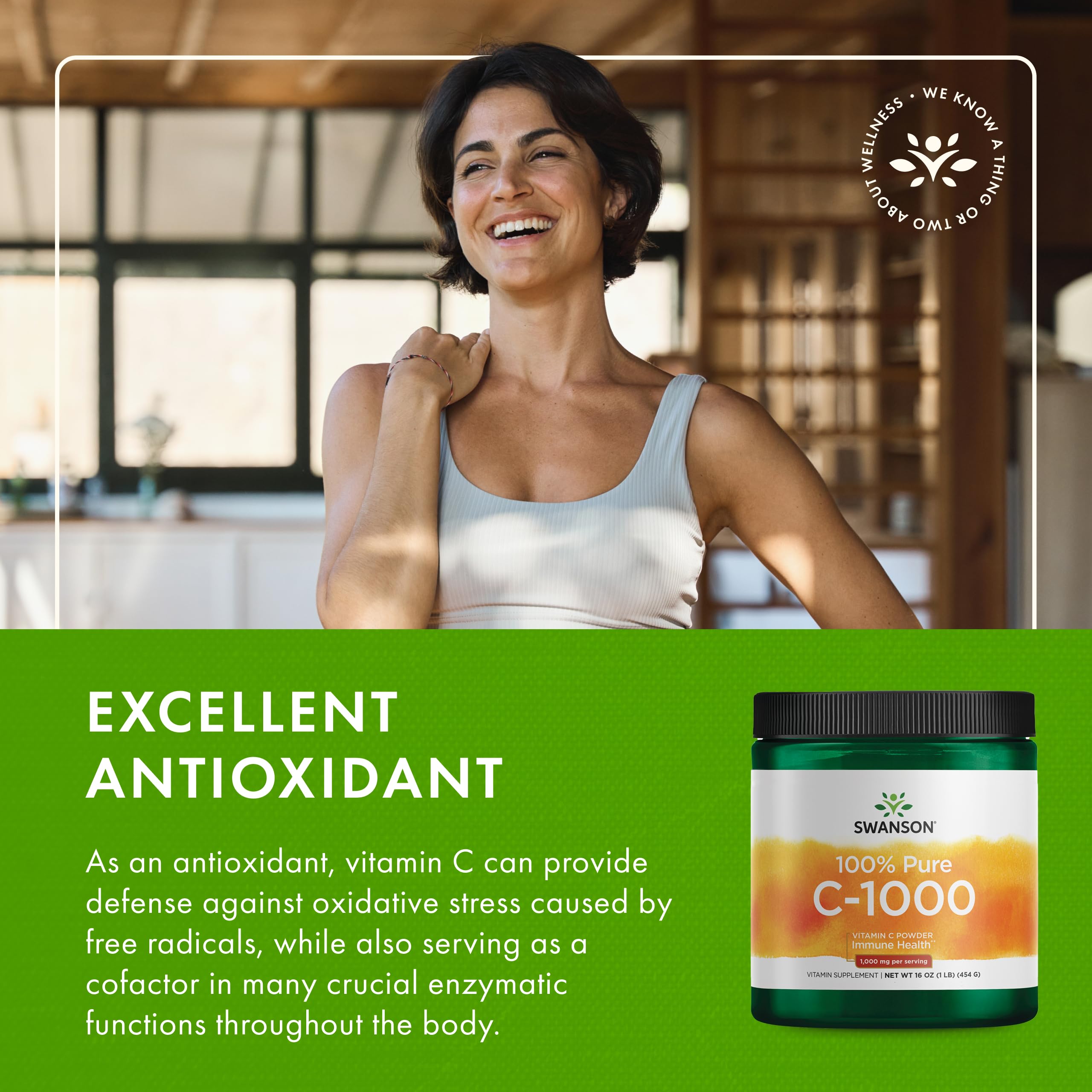 Product imagery highlighting skin health benefits of Swanson Vitamin C Powder