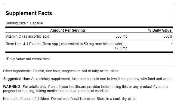 Close-up of Swanson Vitamin C with Rose HIPS capsules in bottle