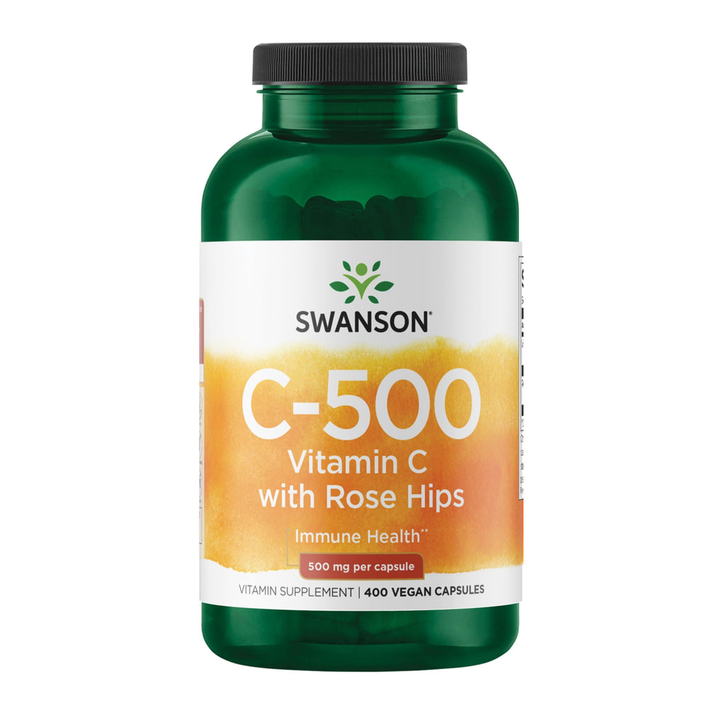 Swanson Vitamin C with Rose HIPS bottle highlights immune support and antioxidant benefits