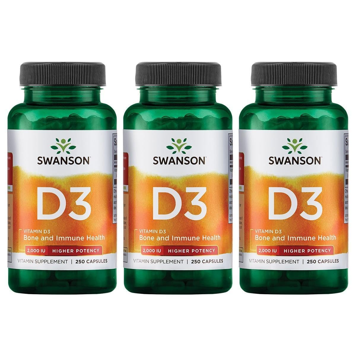Swanson Higher Potency Vitamin D-3 2000 IU (50 mcg) - 3 Pack, 250 capsules - Bone & Immune Support