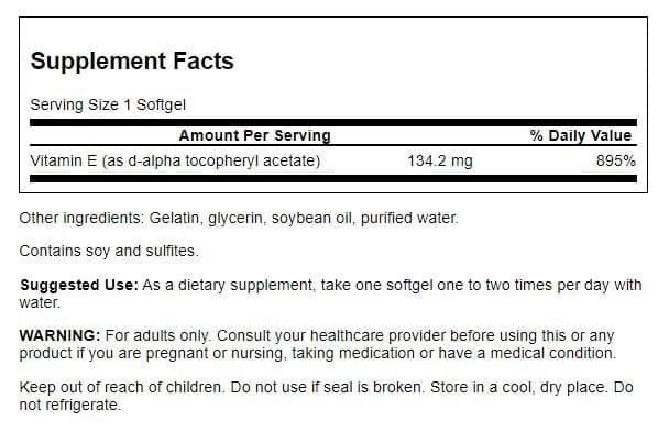 Close-up view of Swanson Vitamin E 200 IU softgels in a bottle