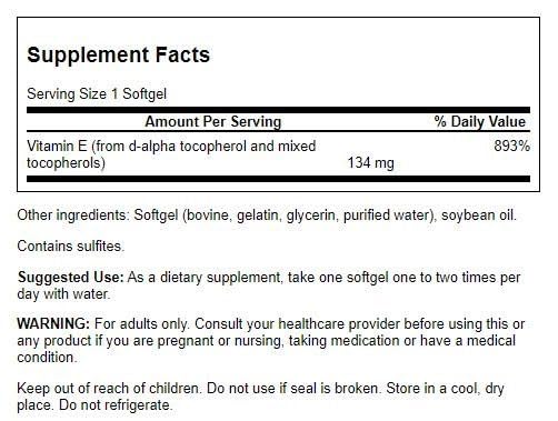 Close-up of Swanson Vitamin E Mixed Tocopherols bottle label