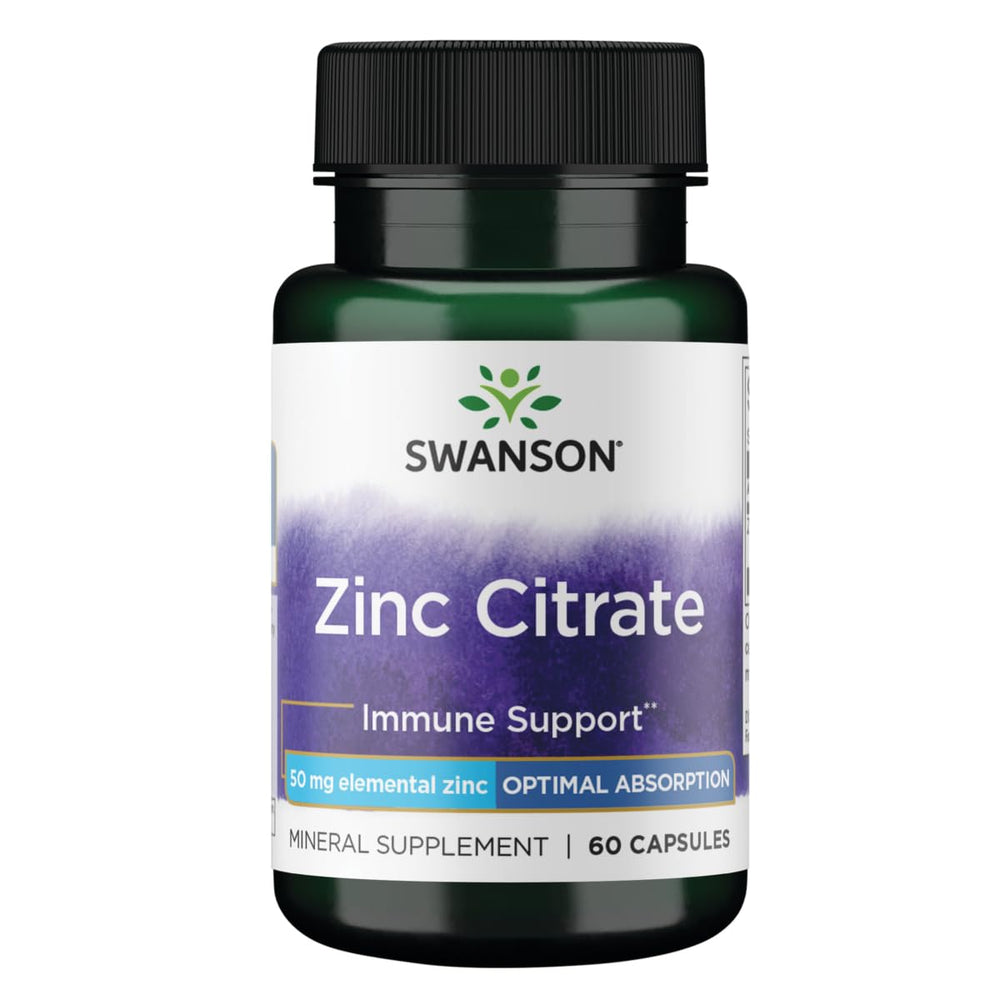 Swanson Zinc Citrate bottle with 60 capsules (50 mg each) for vision and immune support