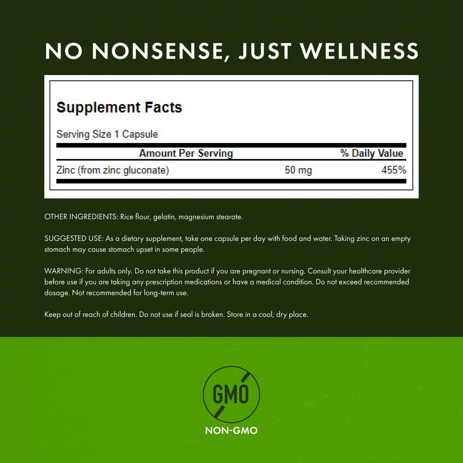 Supplement facts panel for Swanson Zinc Gluconate