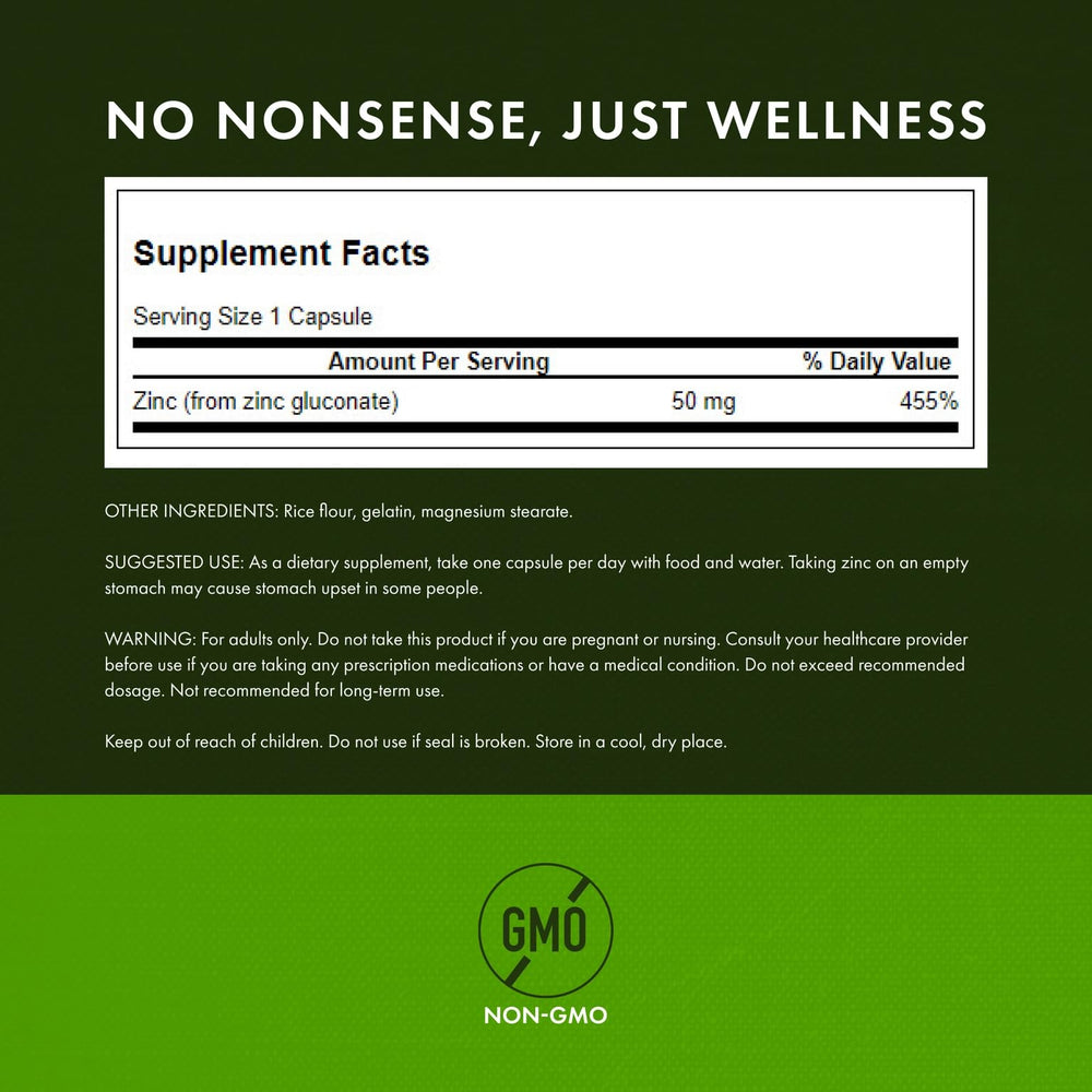 Supplement facts panel for Swanson Zinc Gluconate