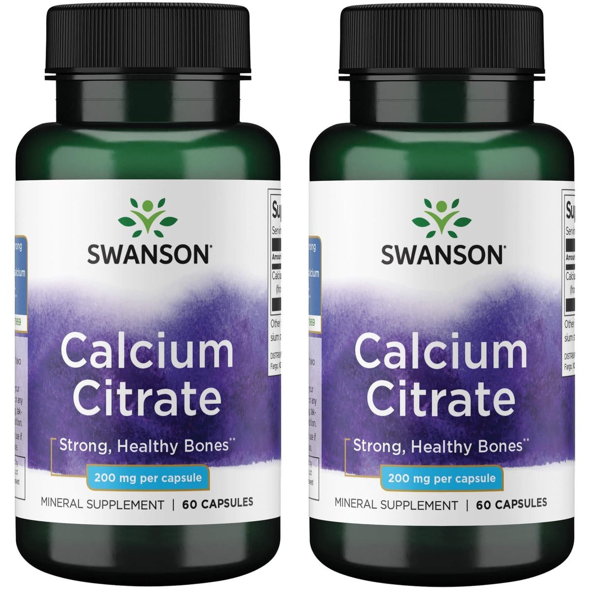 Front view of Swanson Calcium Citrate 200 mg 60 Caps (2 Pack) bottle