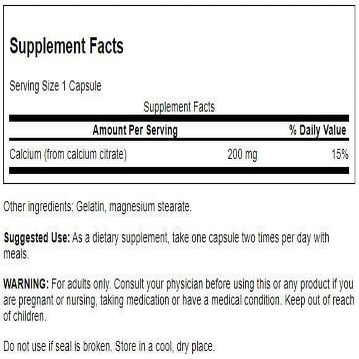 Swanson Calcium Citrate 200 mg 60 Caps (2 Pack) packaging and bottle