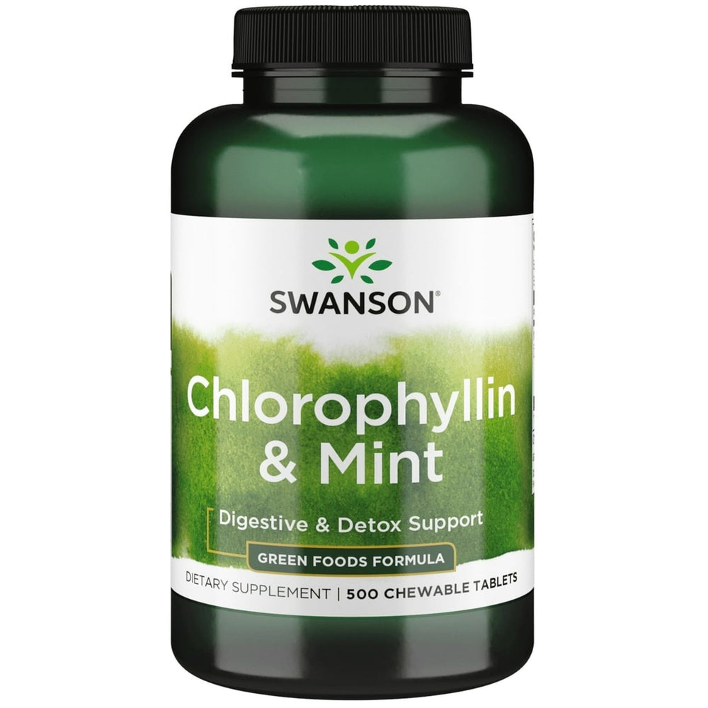 Front label of Swanson Chlorophyllin & Mint 500 Chwbls bottle