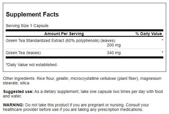 Close-up of Swanson Green Tea Extract (Standardized) 120 Capsules packaging and label