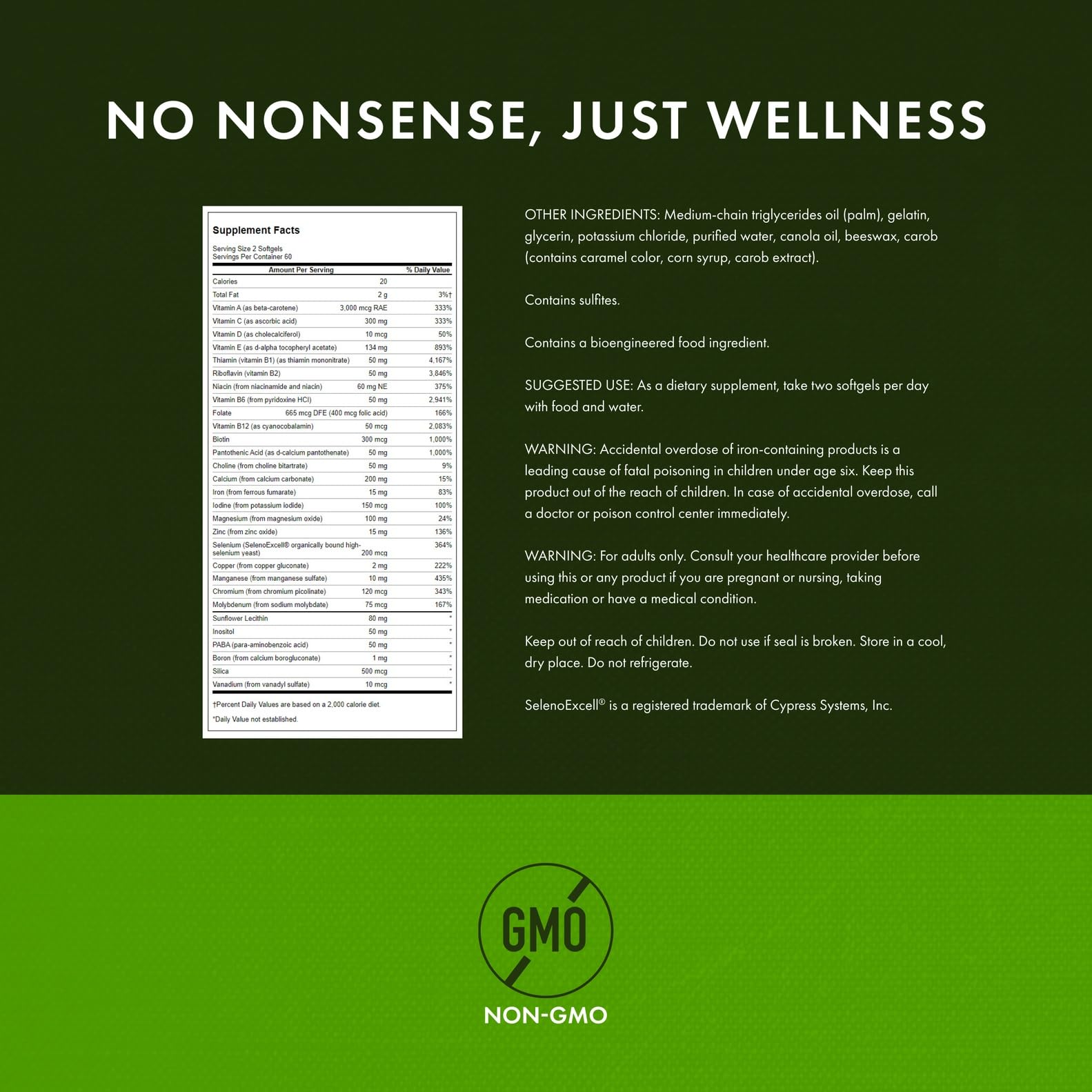 Supplement facts panel of Swanson Multi High Potency 120 Sgels