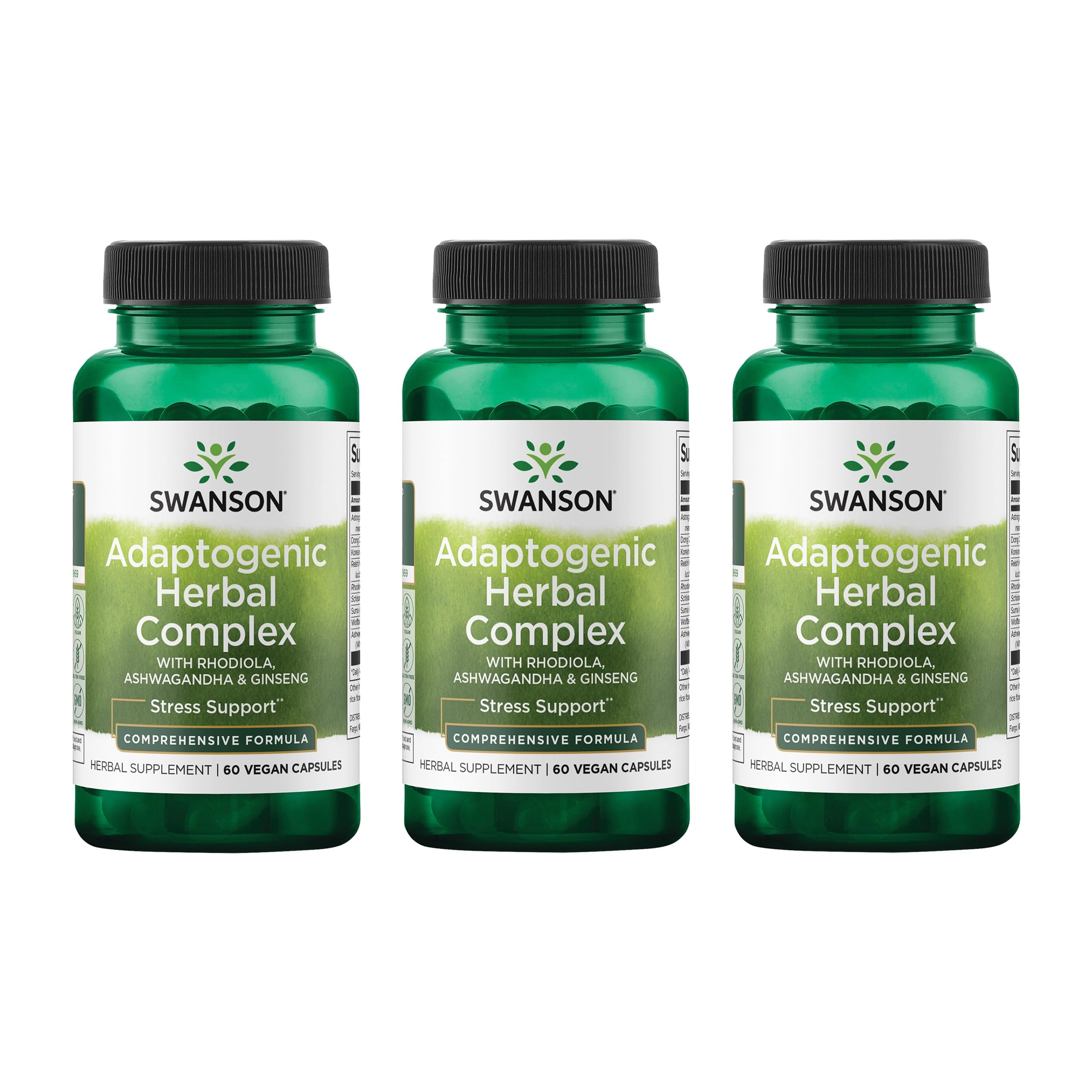 Bottle label for Swanson Rhodiola Ashwagandha Ginseng Complex