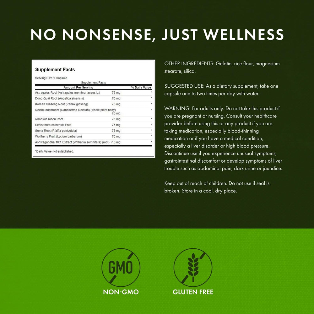 Ingredient blend featuring rhodiola, ashwagandha, and ginseng