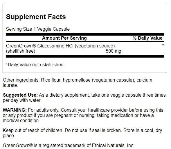 Close-up of Swanson Vegetarian Glucosamine capsules beside the bottle on white background