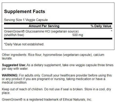 Close-up of Swanson Vegetarian Glucosamine capsules beside the bottle on white background