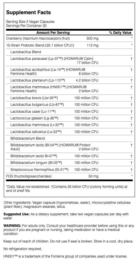 Label highlighting 35 billion CFU per serving and 15 probiotic strains