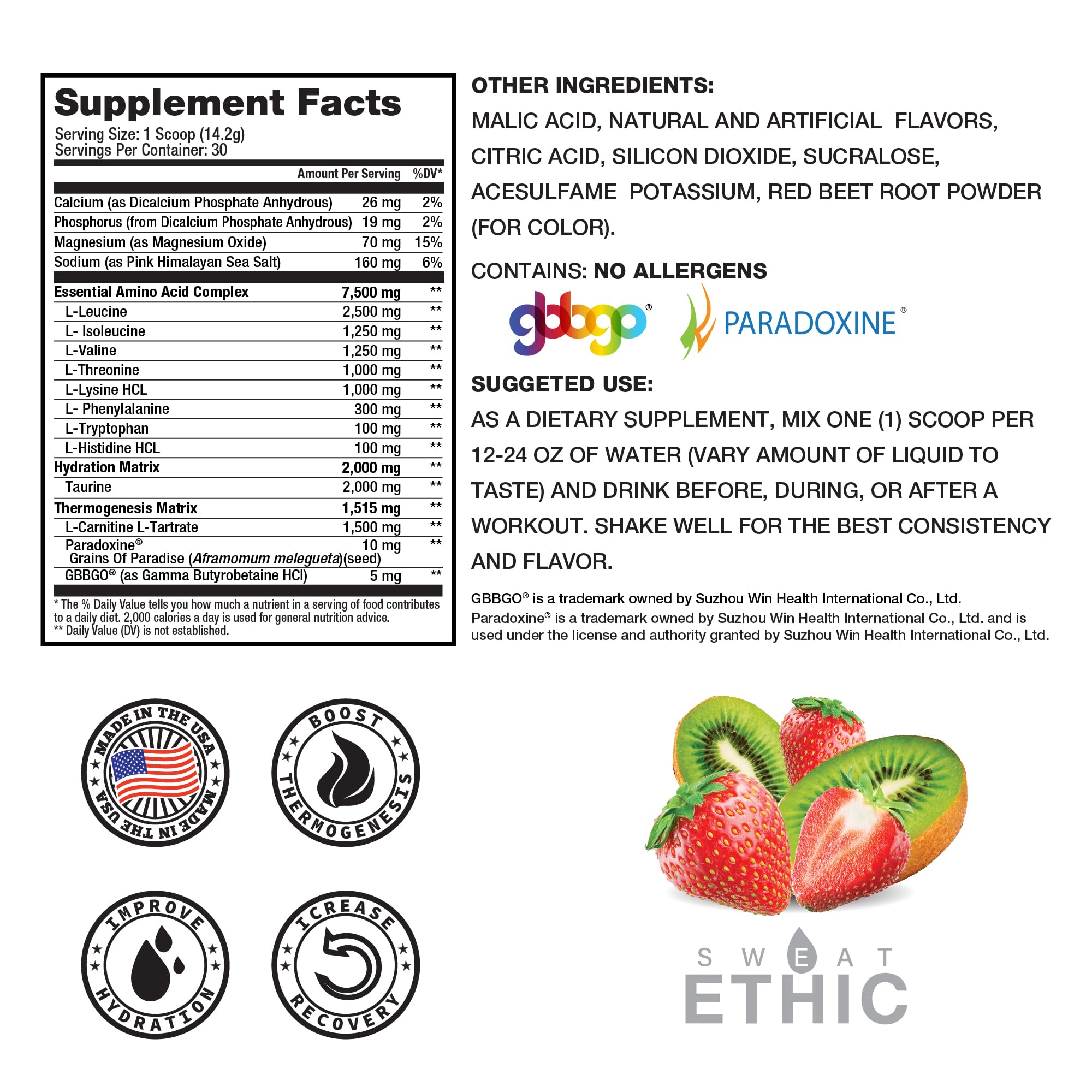 Sweat Ethic Amino Trim Strawberry Kiwi flavor, 30 servings