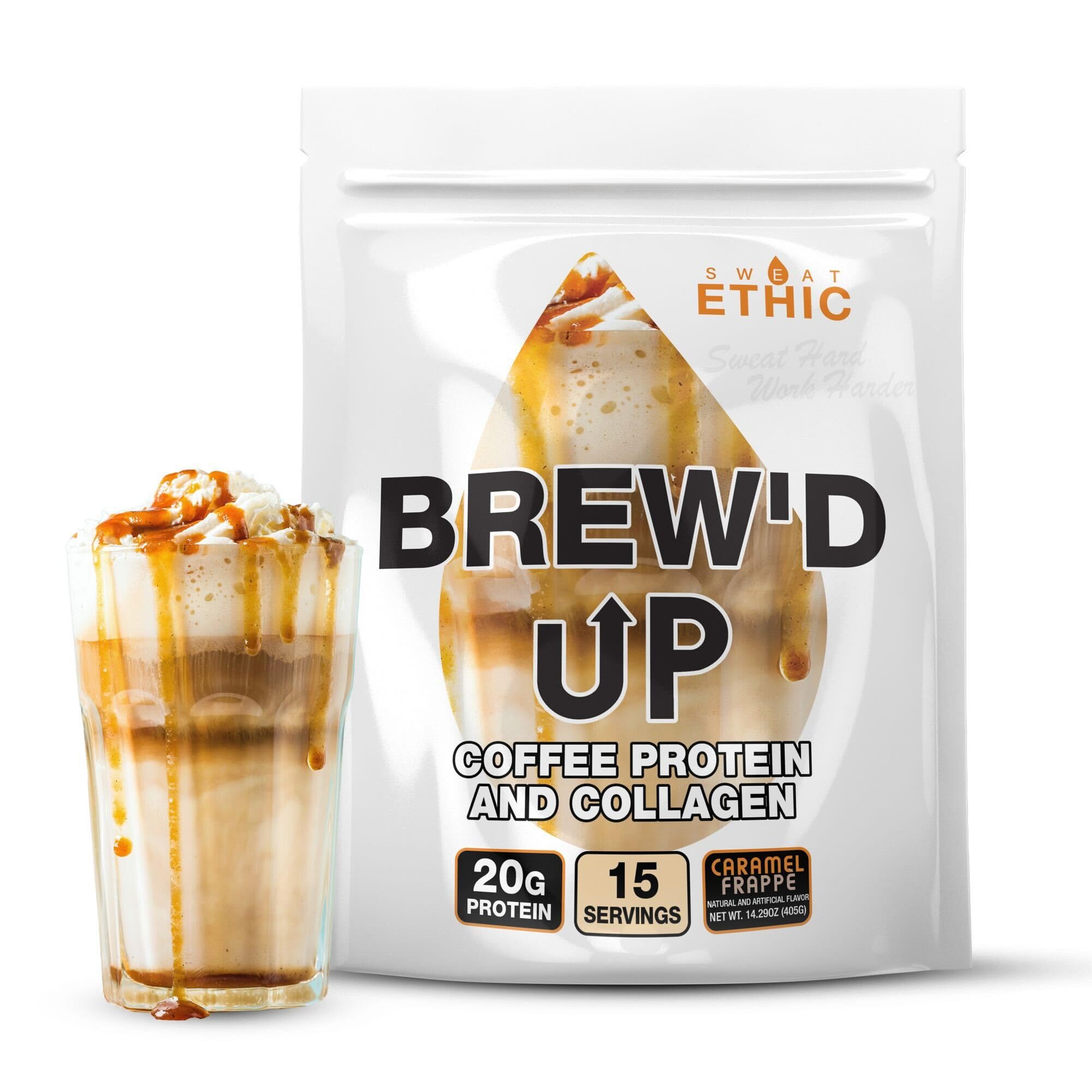 Sweat Ethic Brew’D UP caramel-frappe powder with cup for on-the-go energy boost
