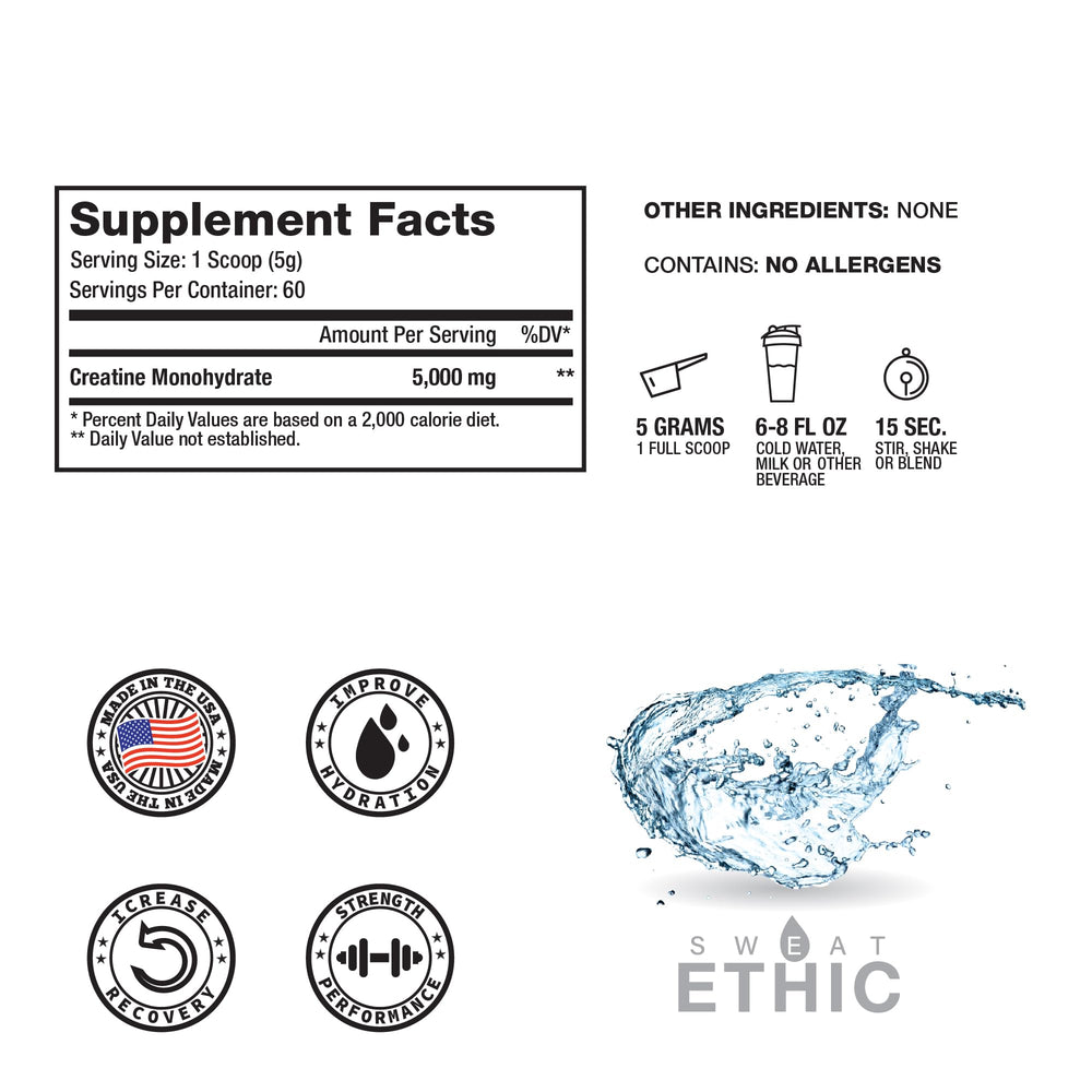 Sweat Ethic Creatine Monohydrate powder dissolves smoothly in beverages for hassle-free pre- or post-workout use.