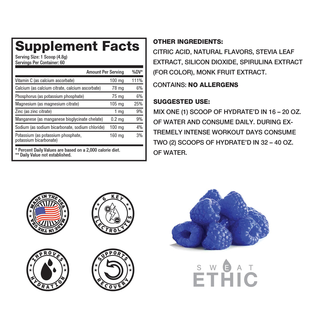 Glass of Sweat Ethic Hydrate’D blue raspberry hydration