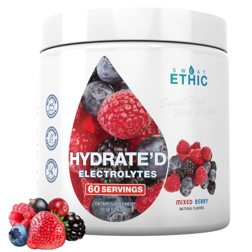 Sweat Ethic Hydrate'D mixed berry tub close-up showing powder for daily hydration support