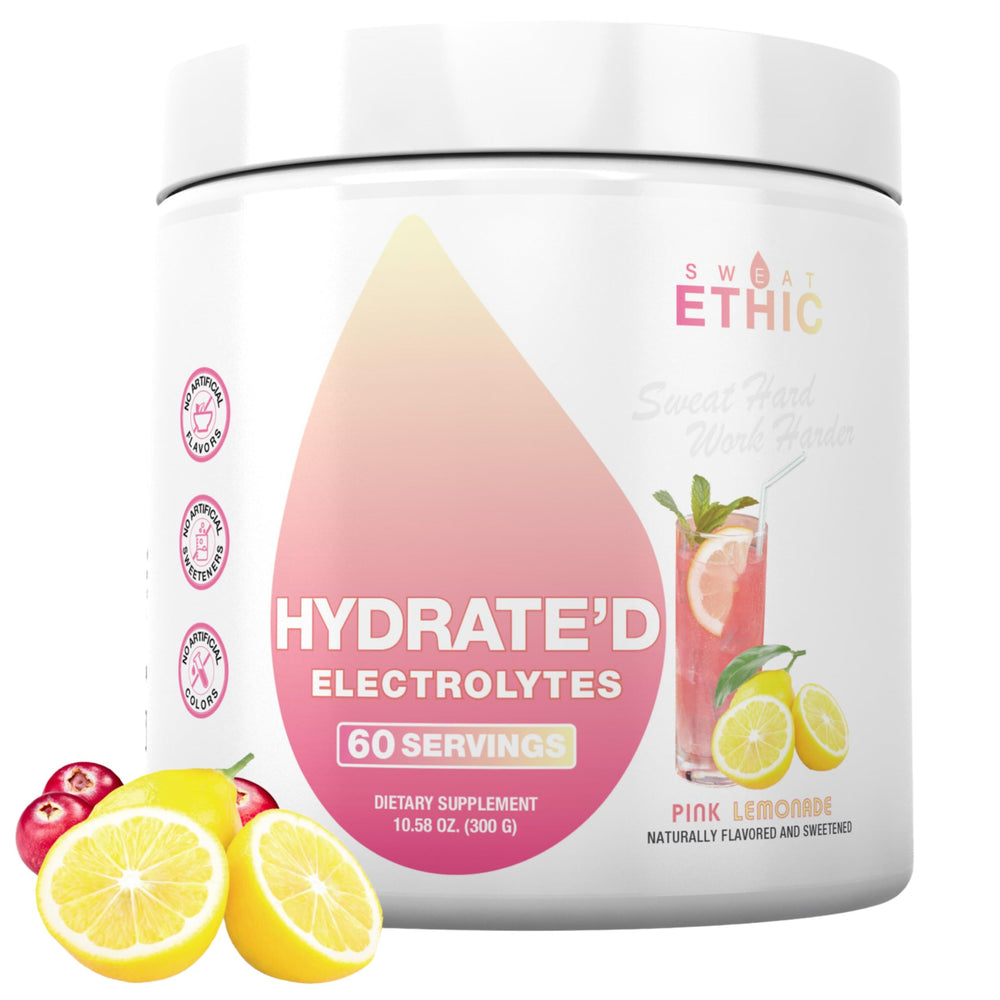 Sweat Ethic Hydrate’D Pink Lemonade bottle ready for workout hydration.