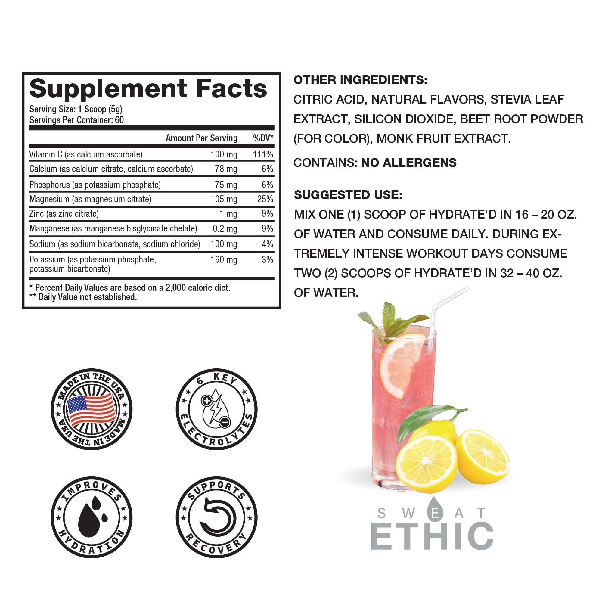 Sweat Ethic Hydrate’D Pink Lemonade powder poured into a glass for hydration.