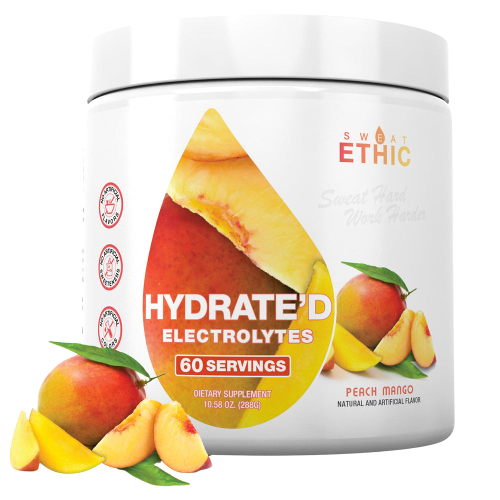 Sweat Ethic Hydrate’D Peach Mango tub illustrates electrolyte powder for quick hydration