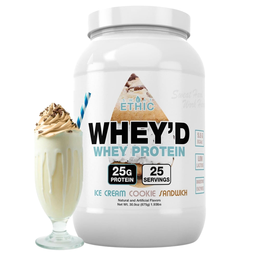 Sweat Ethic Whey'd protein powder tub for a smooth post-workout shake.
